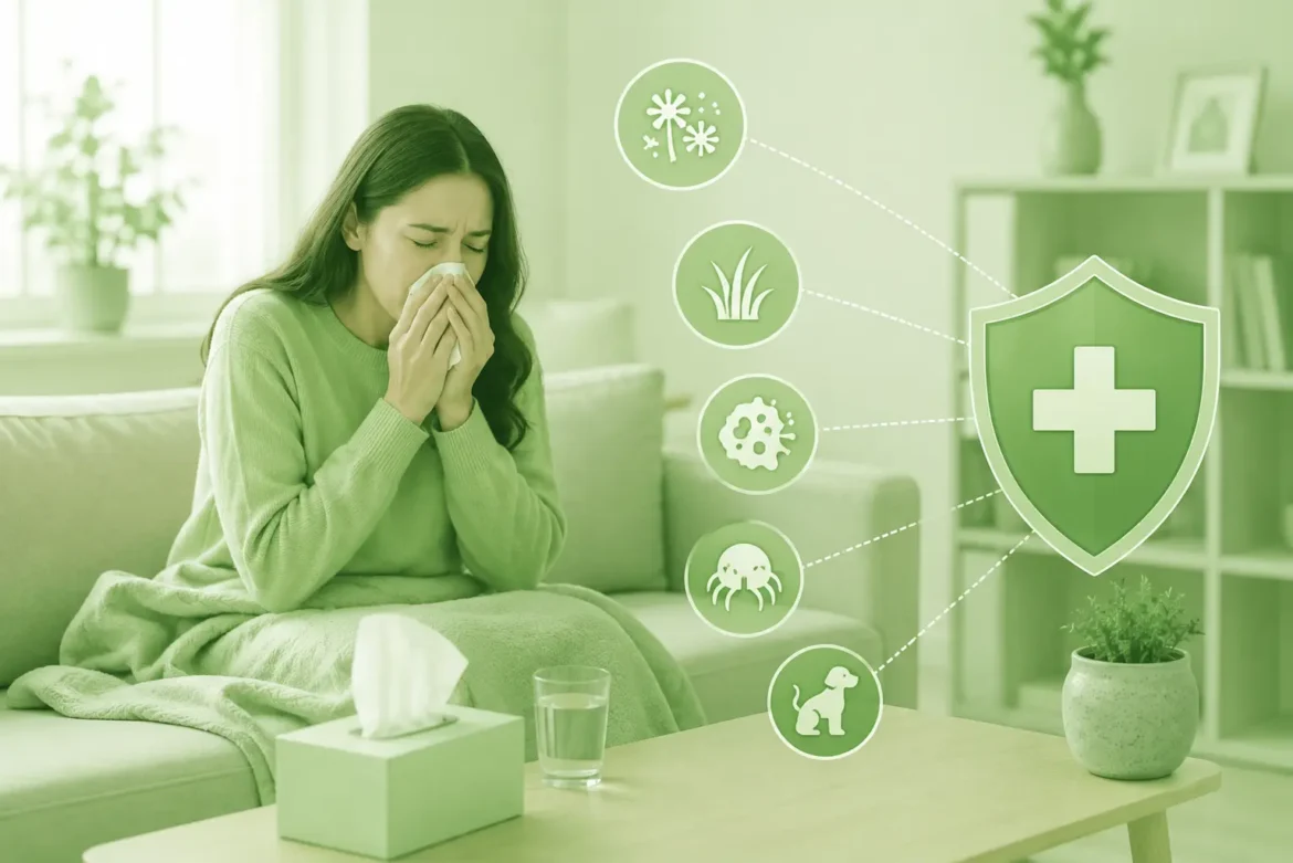 Woman with seasonal allergies and tissue in a green healthcare-themed setting.